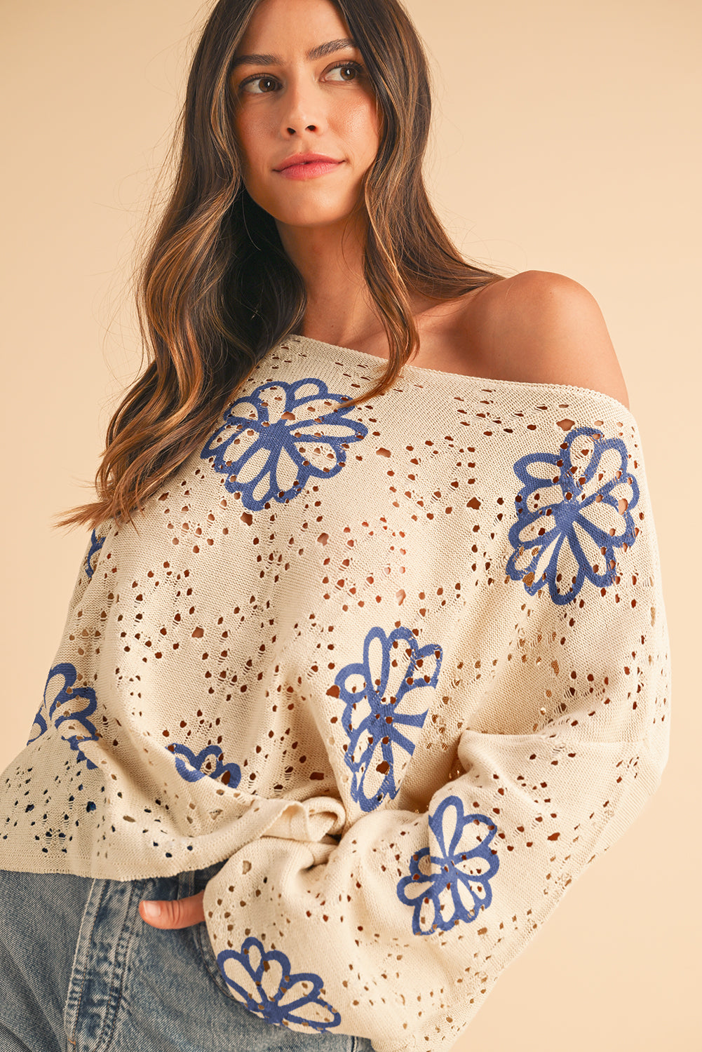 Beige Flower Print Hollow Knit Sweater  - Catherine Martin