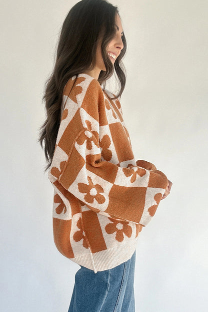 Floral Checkered Henley Sweater