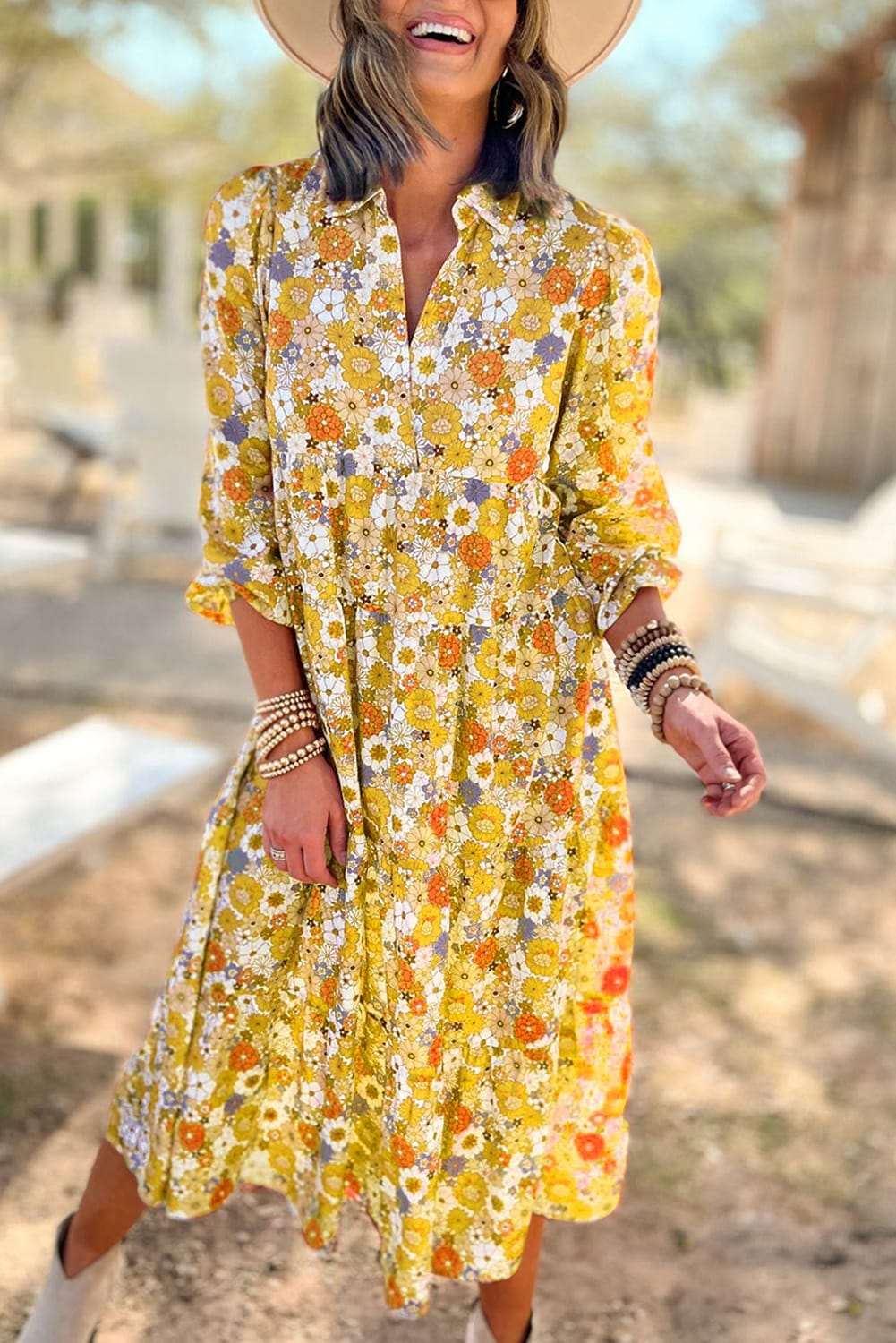 Multicolor Boho Floral Collared Long Sleeve Dress - Catherine Martin