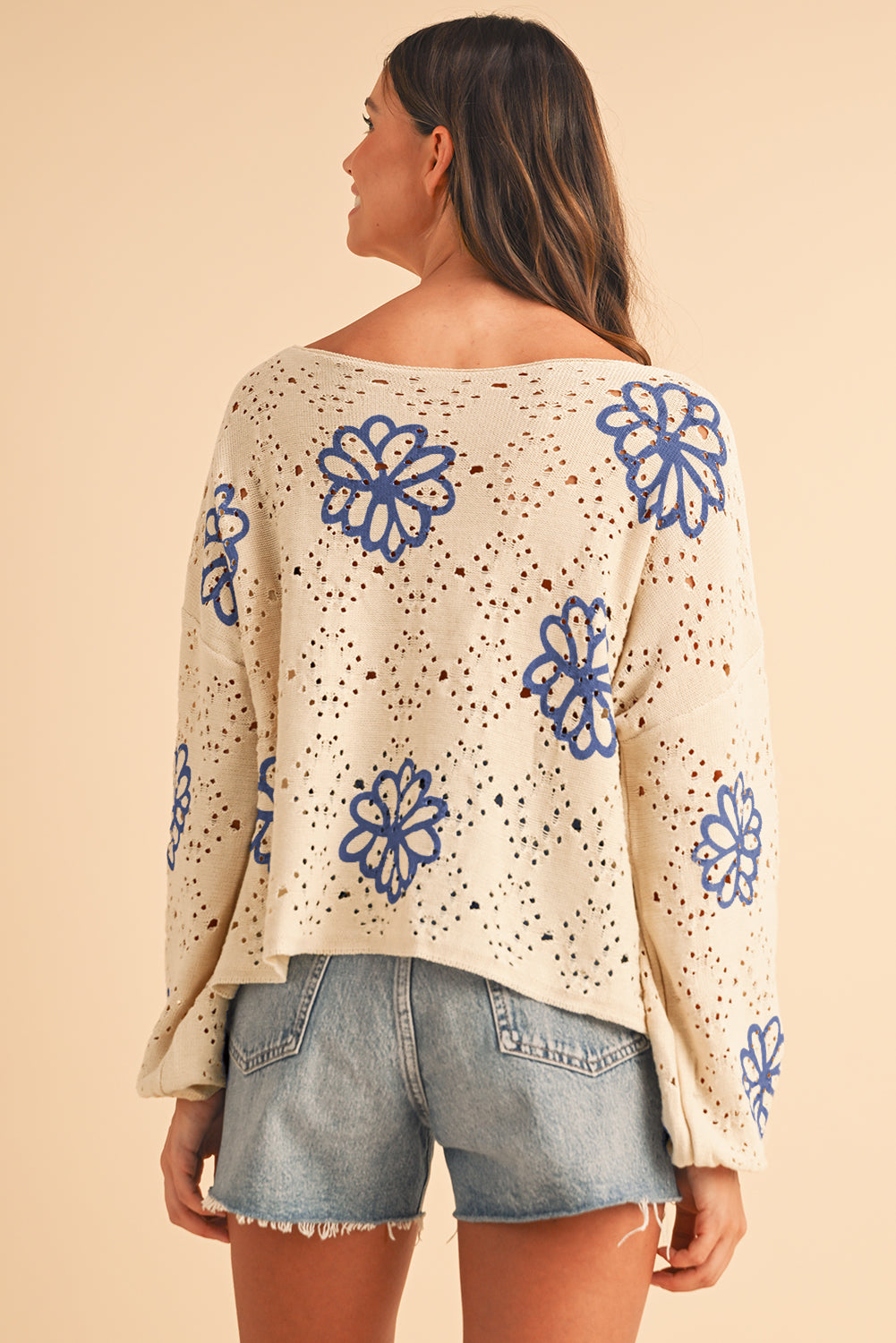 Beige Flower Print Hollow Knit Sweater  - Catherine Martin