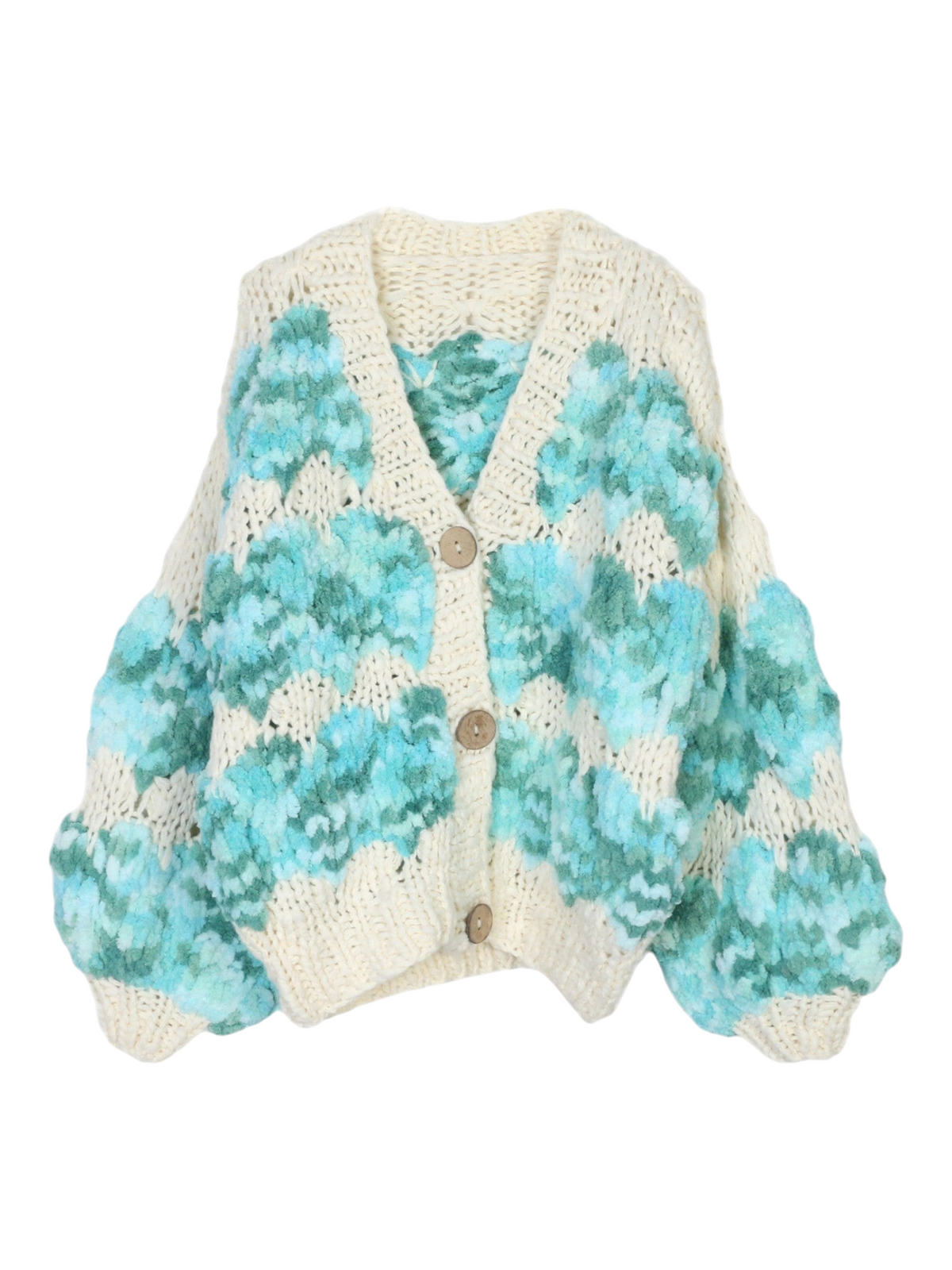 Catherine Martin oversized wool knit cardigan in cream with a textured mint and teal scalloped pattern and buttons.