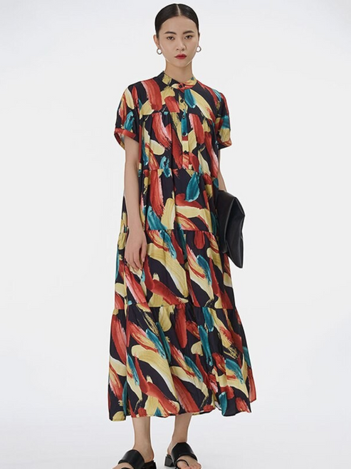 Catherine Martin midi dress in multicolour abstract brushstroke print with tiered pleated skirt and stand collar