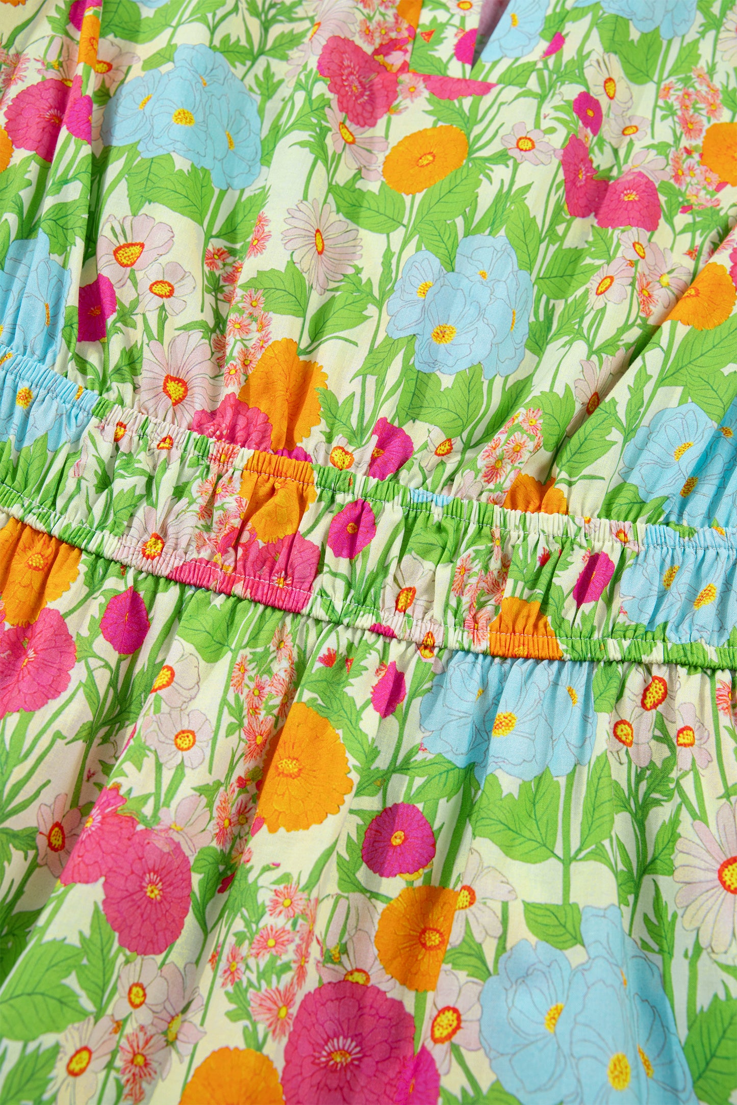 Close-up of a colorful floral dress with bright flowers and green leaves.