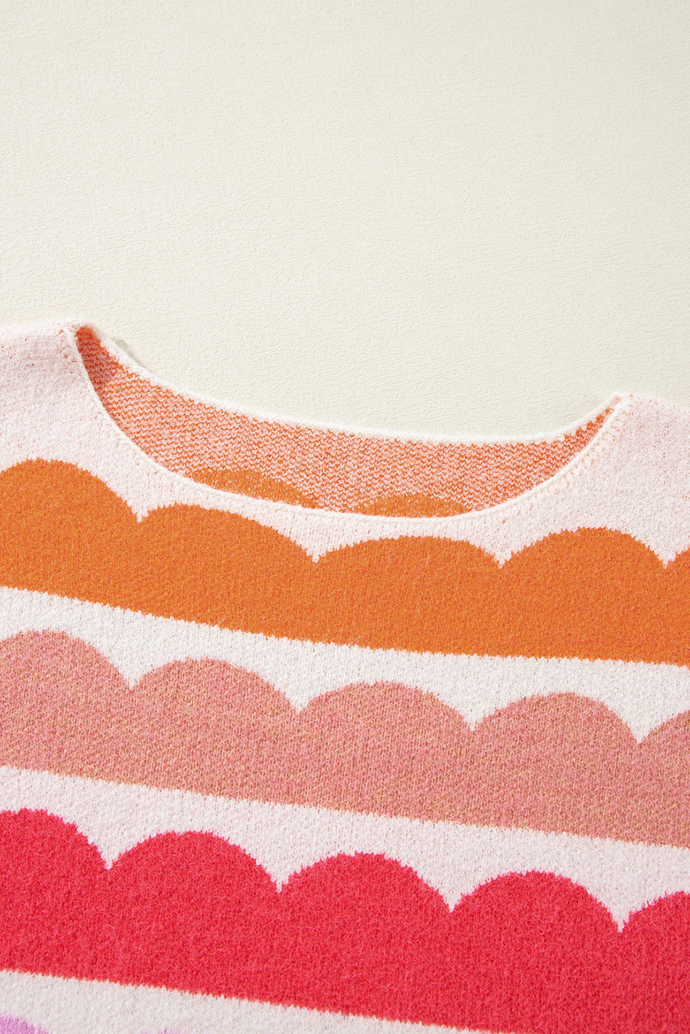 Women's Rose Red Striped Jumper. Neckline view.