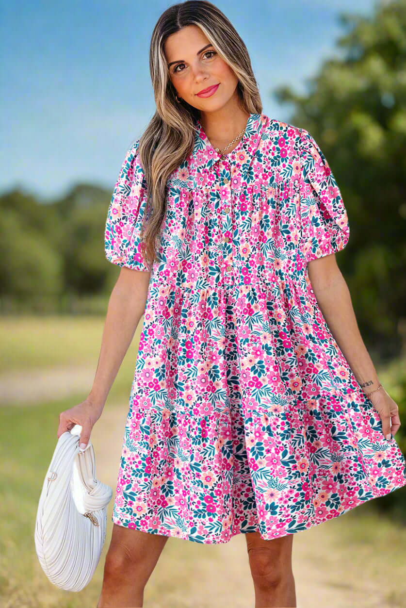 Women's Spring Garden Babydoll Dress. Full front view. In a spring outdoor setting.