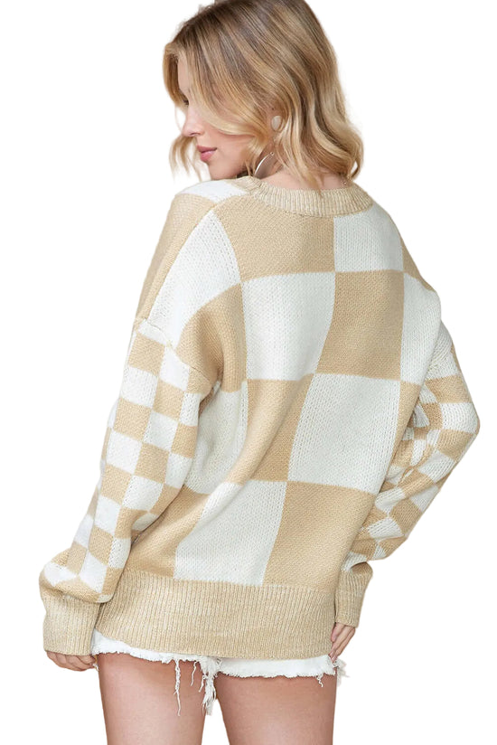 Ladies Beige and White Check Knit Jumper. Back view.