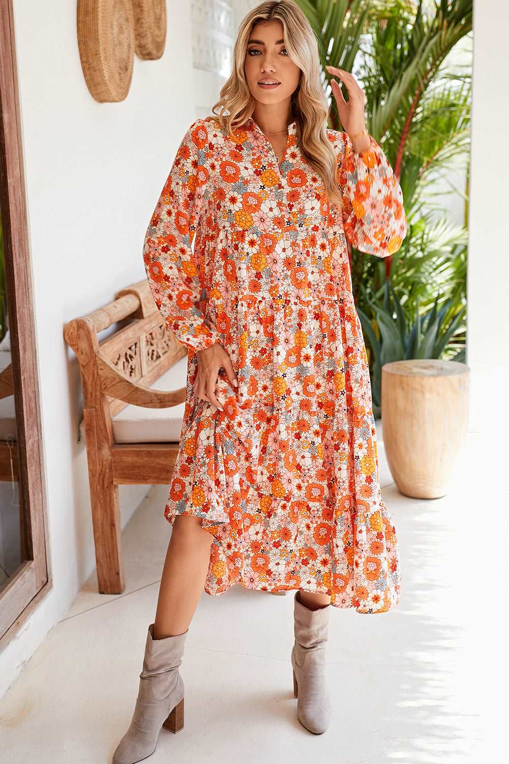 Multicolor Boho Floral Collared Long Sleeve Dress - Catherine Martin