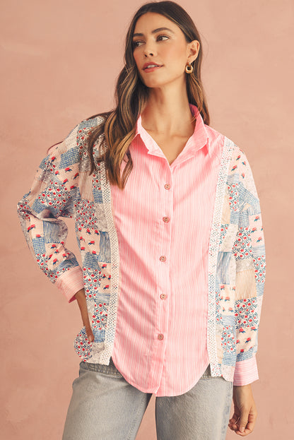 Front view of a stylish pink floral patchwork long sleeve shirt—perfect for spring outfits.