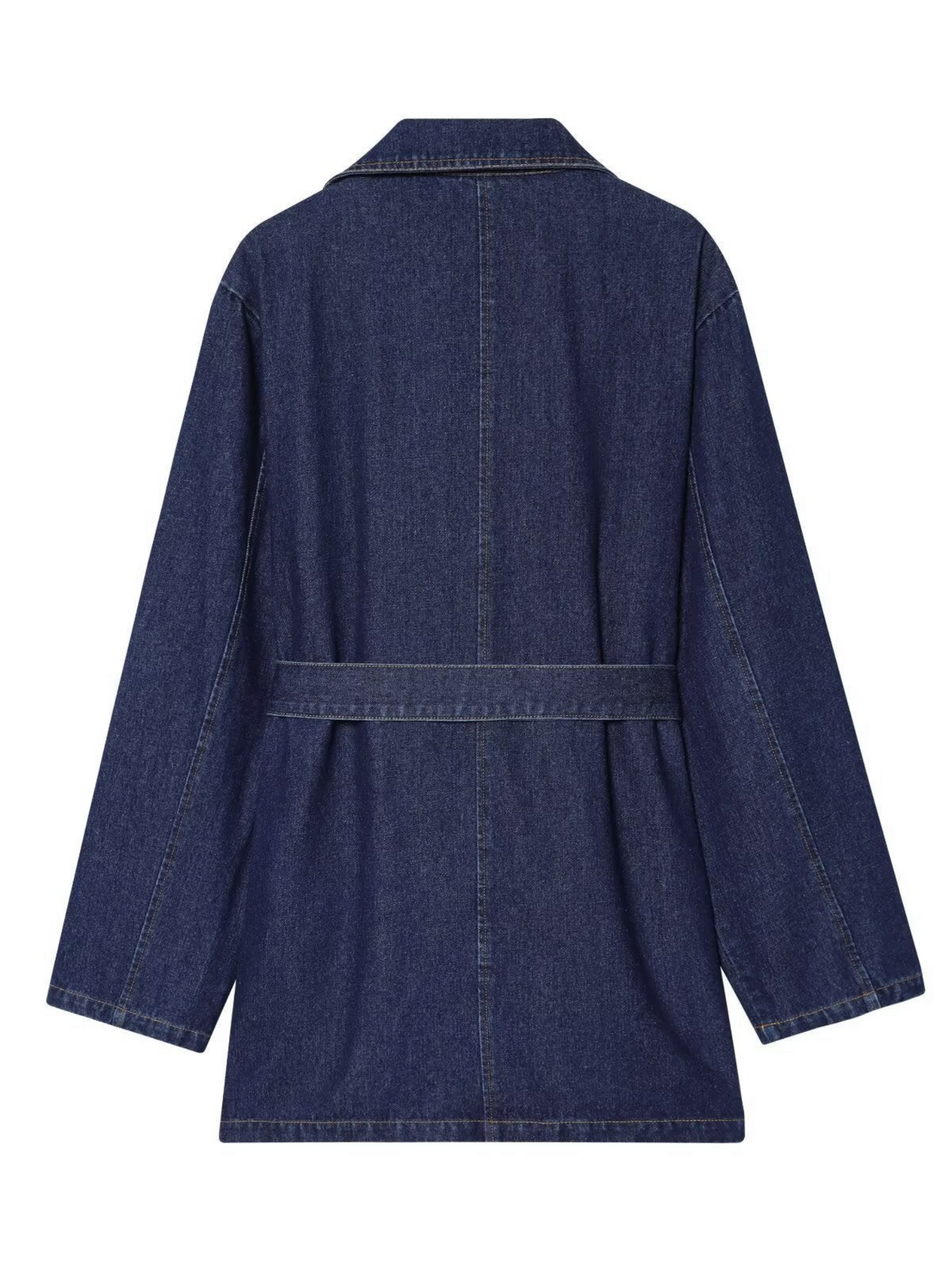 Back view of a Catherine Martin mid-length denim coat in dark blue with a waist tie and structured collar