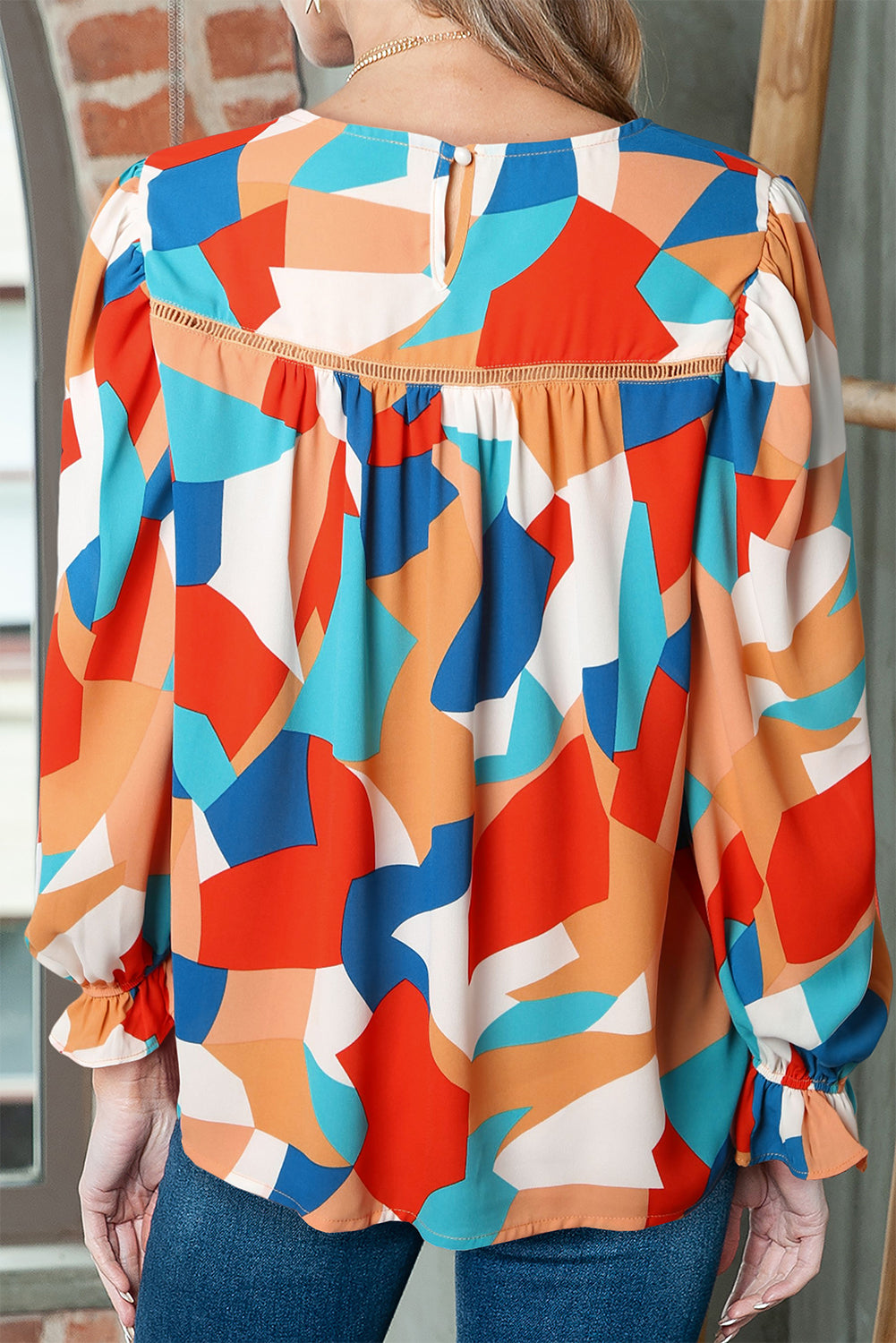 Multicolor Abstract Blouse Puff Sleeve