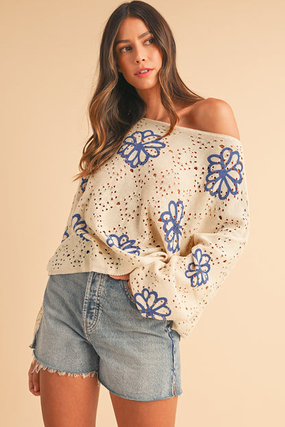 Beige Flower Print Hollow Knit Sweater  - Catherine Martin