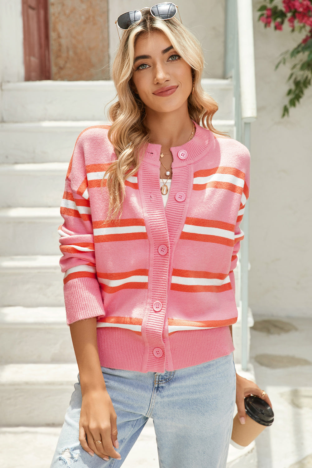 Pink Striped Short Cardigan Buttons - Catherine Martin