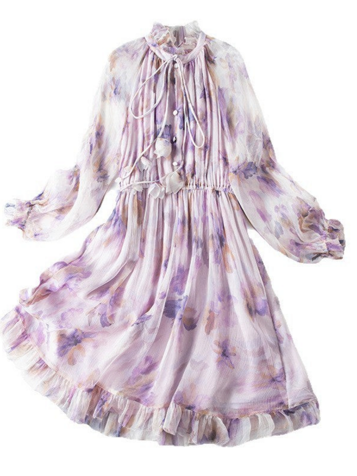 Catherine Martin lilac floral silk chiffon dress with ruffle collar, tie neck, and billowy long sleeves.