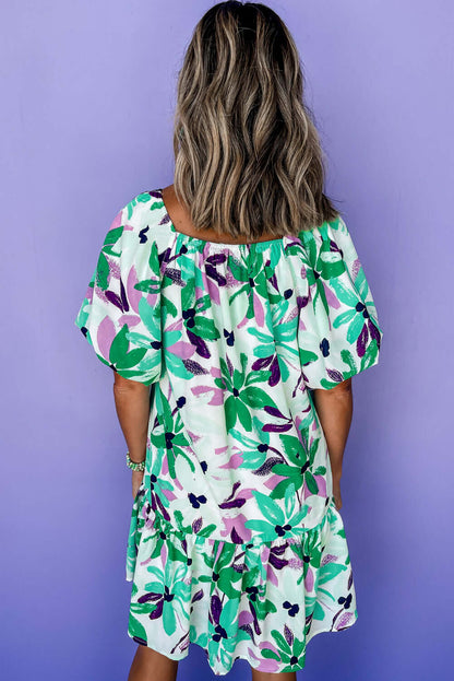 Ladies Green Floral Loose Fit Dress. Back view.