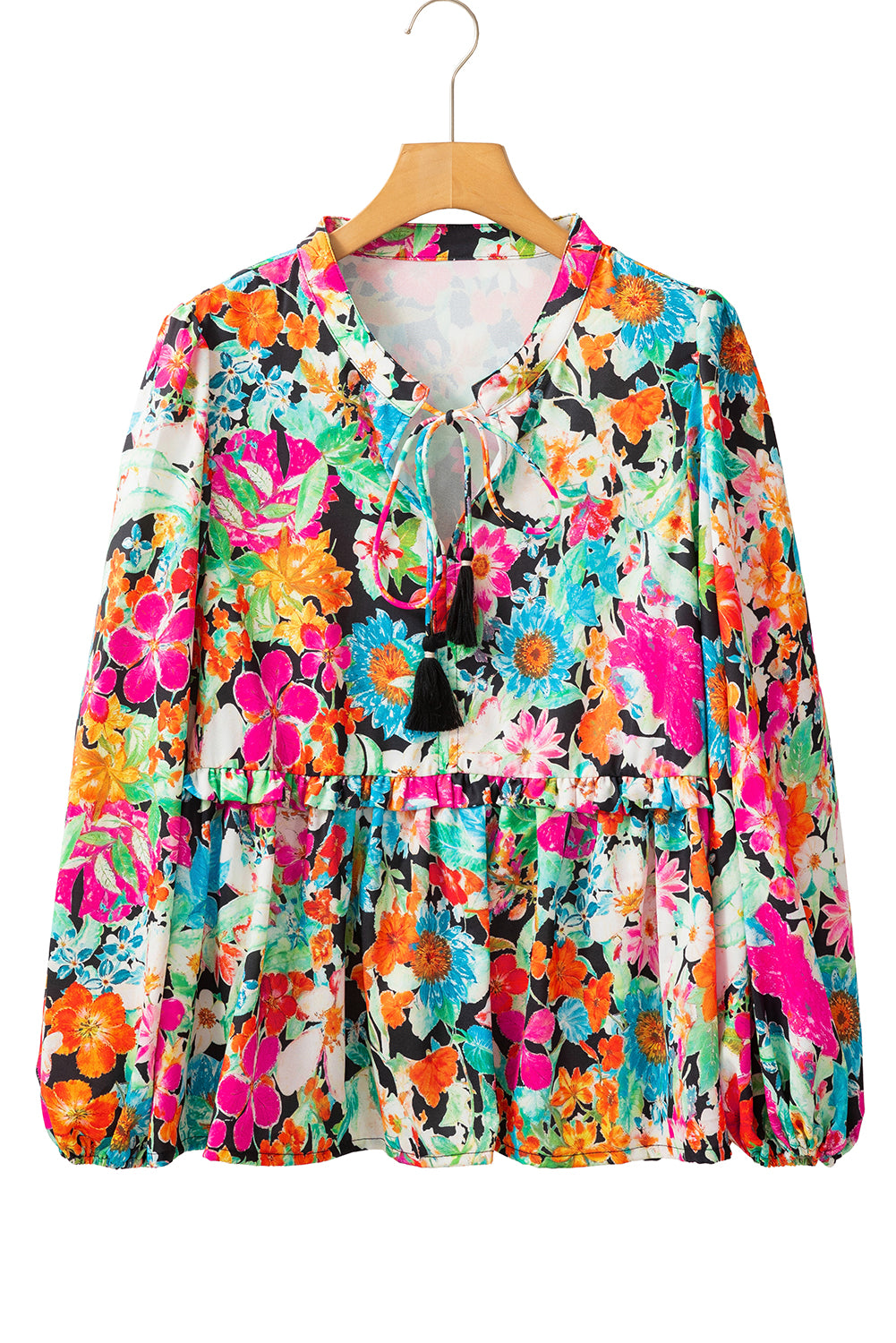 Front view of multicolour floral blouse with long sleeves against a white background.