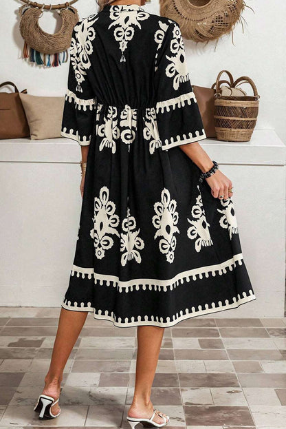 Ethnic Print Dress Black White - Catherine Martin