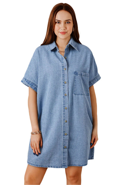 Relaxed Denim Shirt Dress for Ladies with Short Sleeves.