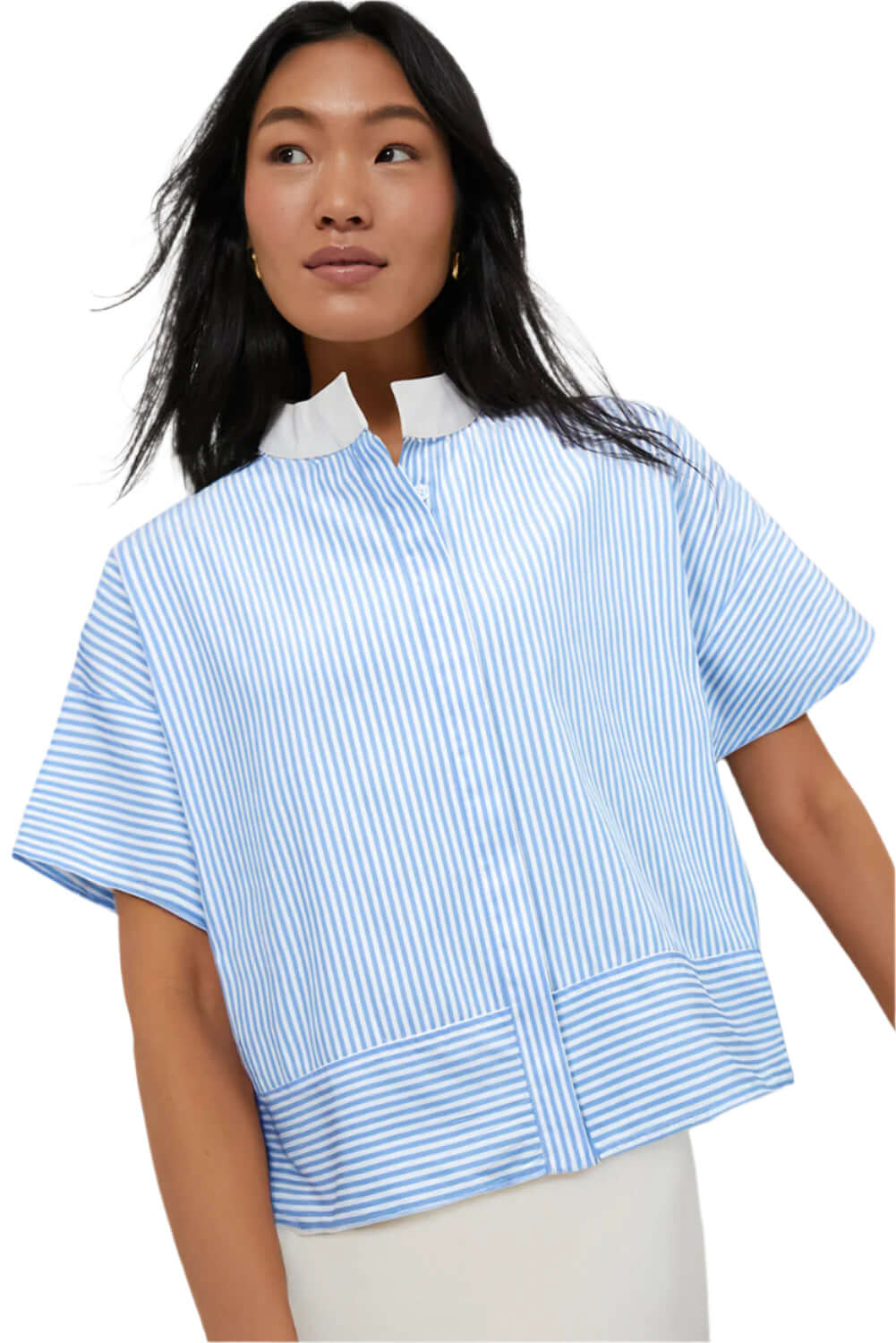 Modern Striped Boxy Shirt. Full front view on a model.