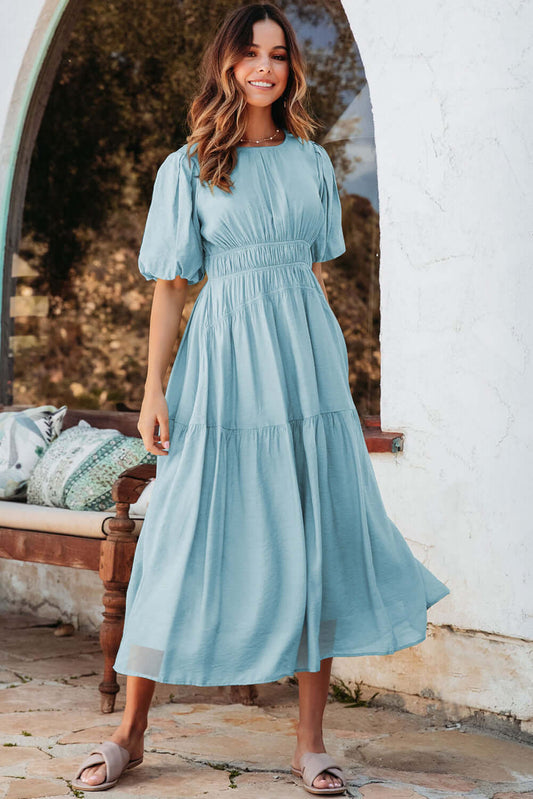 Chic Australian fashion – blue tiered midi dress styled with sandals
