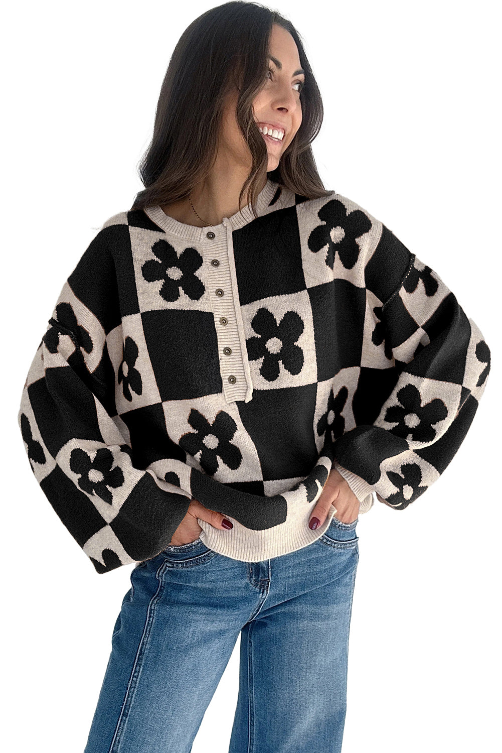 Floral Checkered Henley Sweater