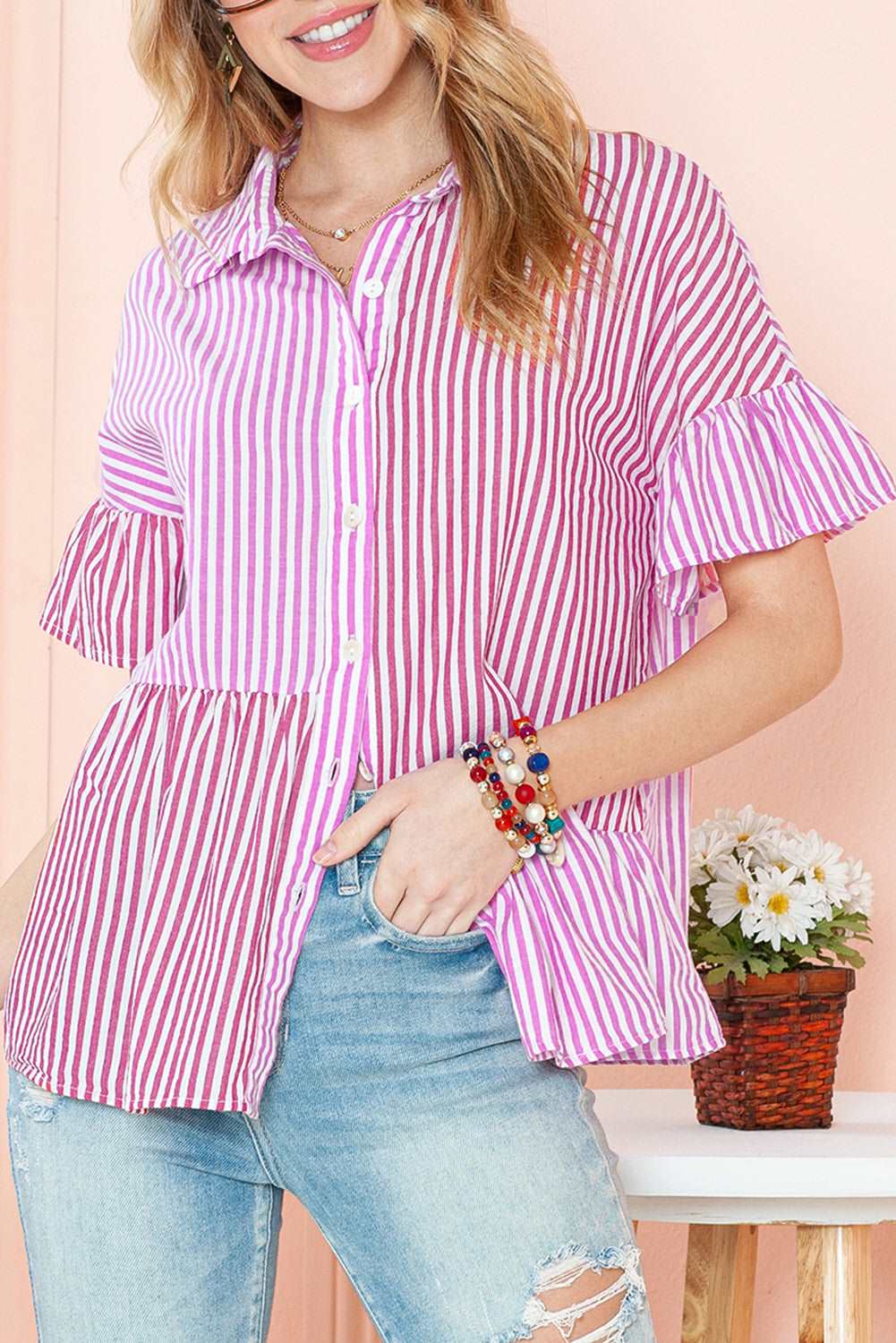 Pink Striped Patchwork Blouse