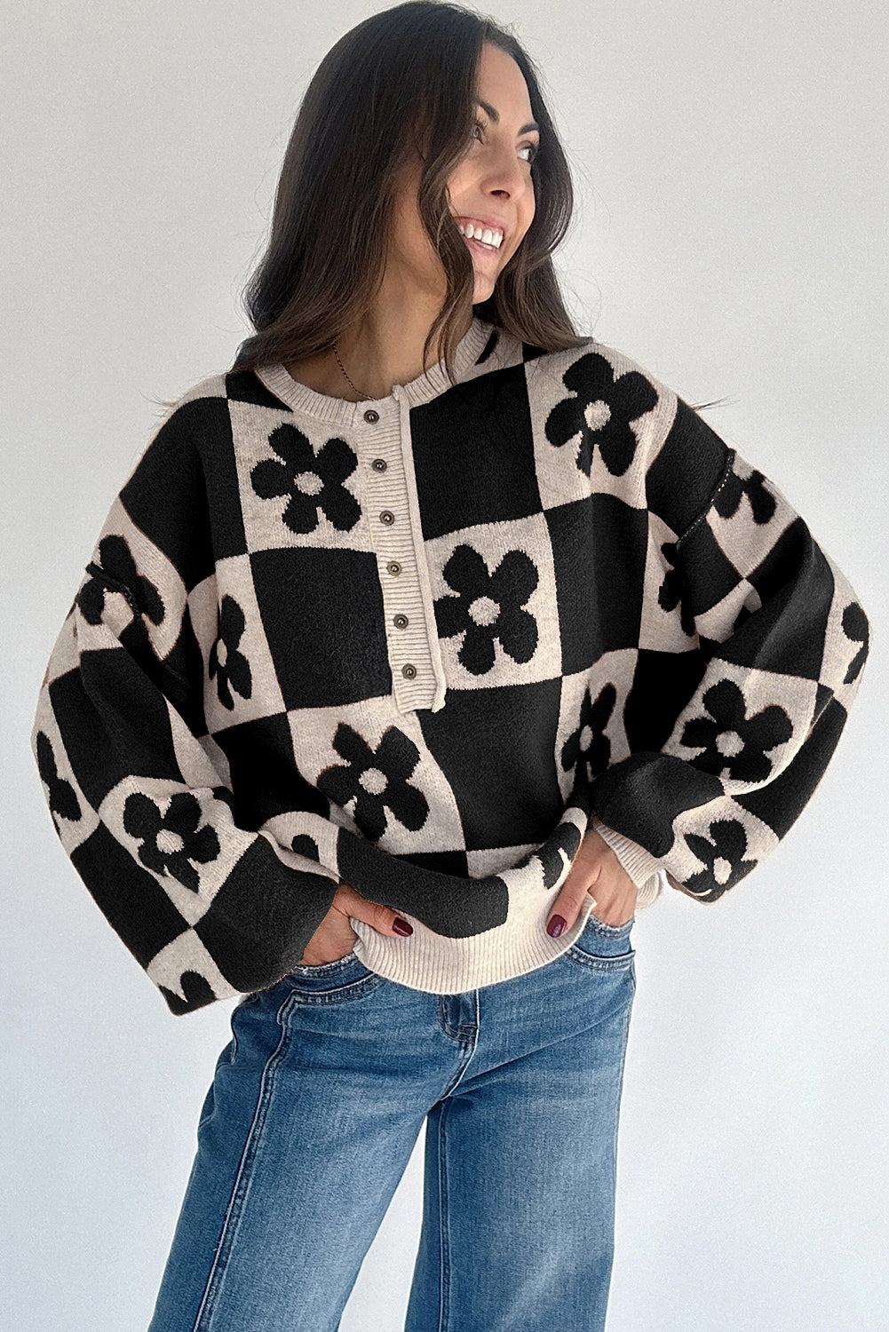 Floral Checkered Henley Sweater