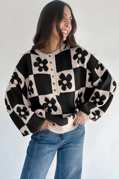 Floral Checkered Henley Sweater