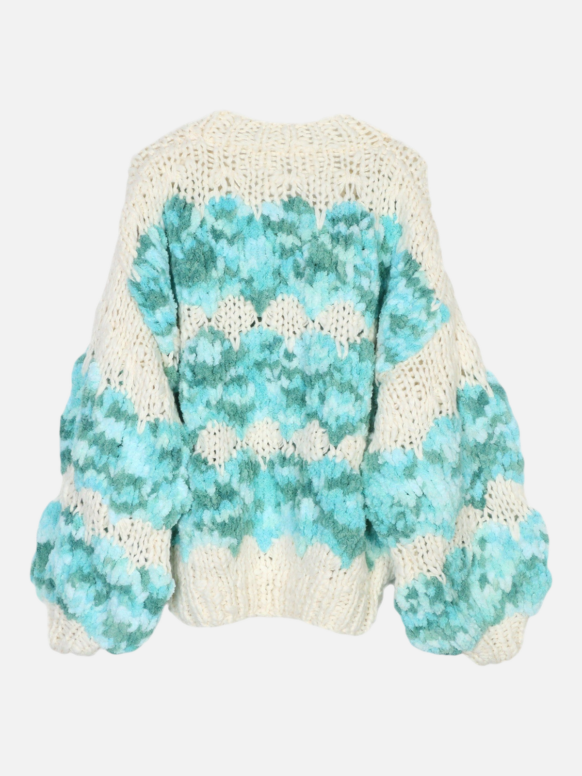 Catherine Martin oversized wool knit cardigan in cream with mint and teal scalloped textured pattern, back view