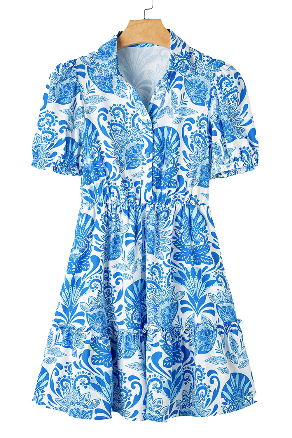 Front view of a sky blue boho short sleeve frilled mini dress on white background, ideal for summer occasions from Catherine Martin store, Australia.