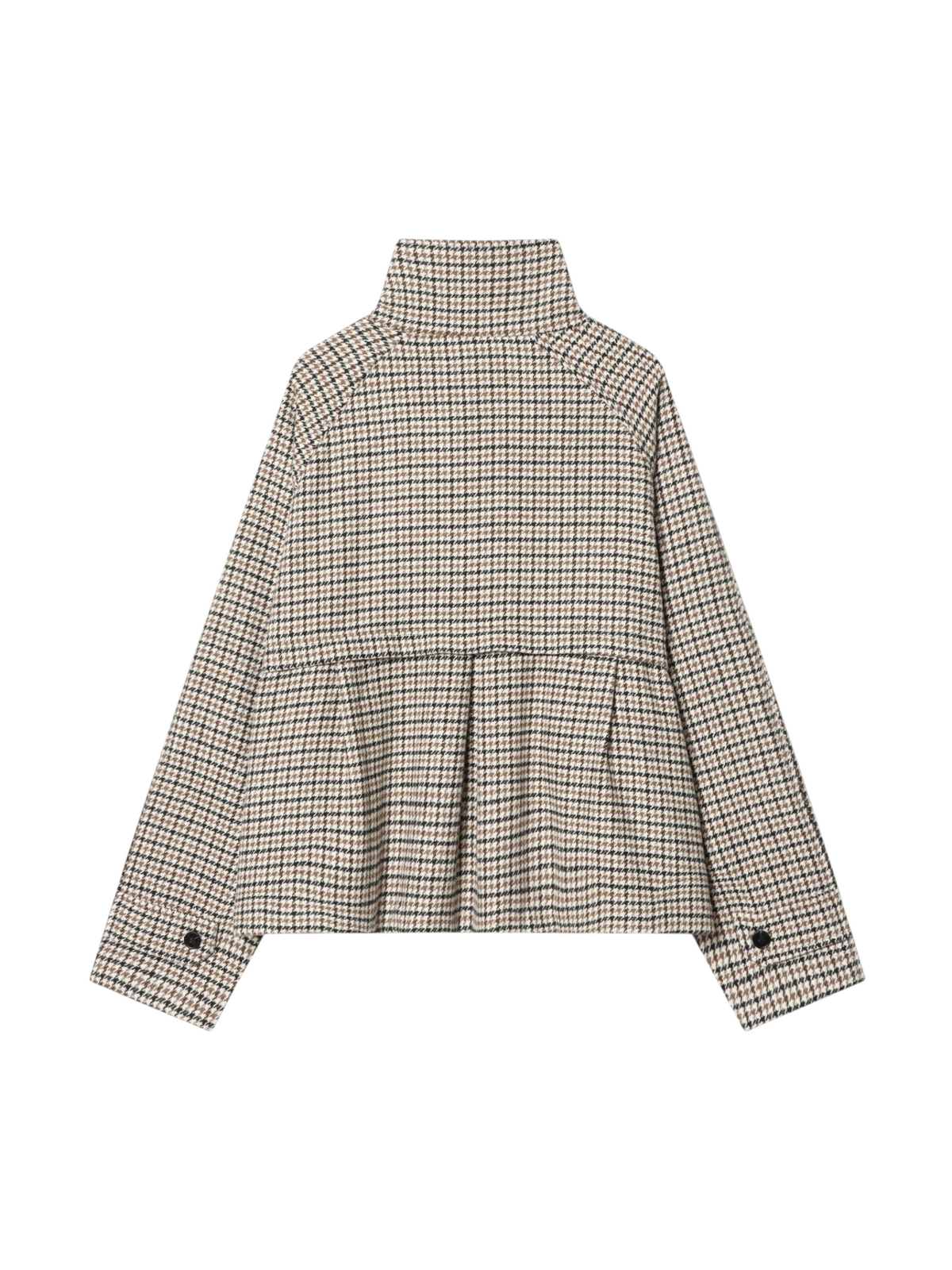 Catherine Martin cropped jacket in cream, tan, and black houndstooth faux wool with a pleated back and stand collar.