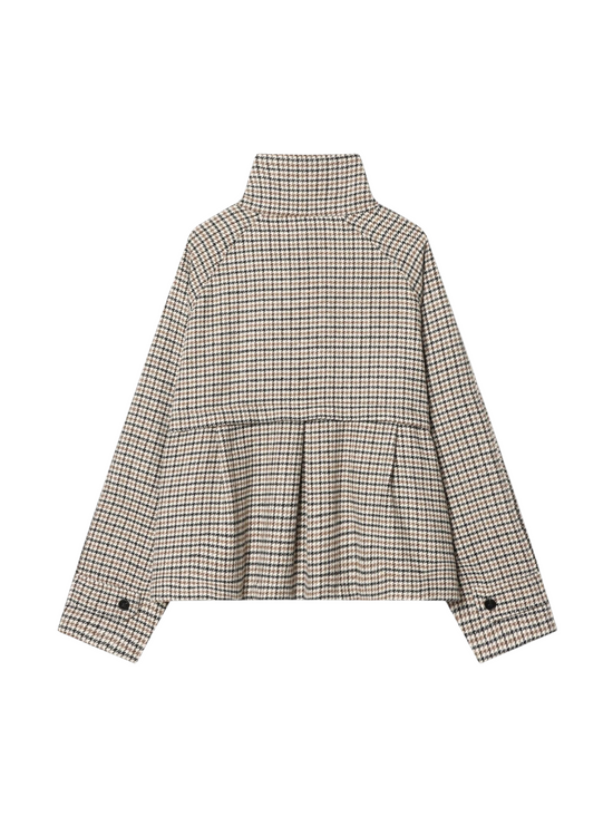 Catherine Martin cropped jacket in cream, tan, and black houndstooth faux wool with a pleated back and stand collar.