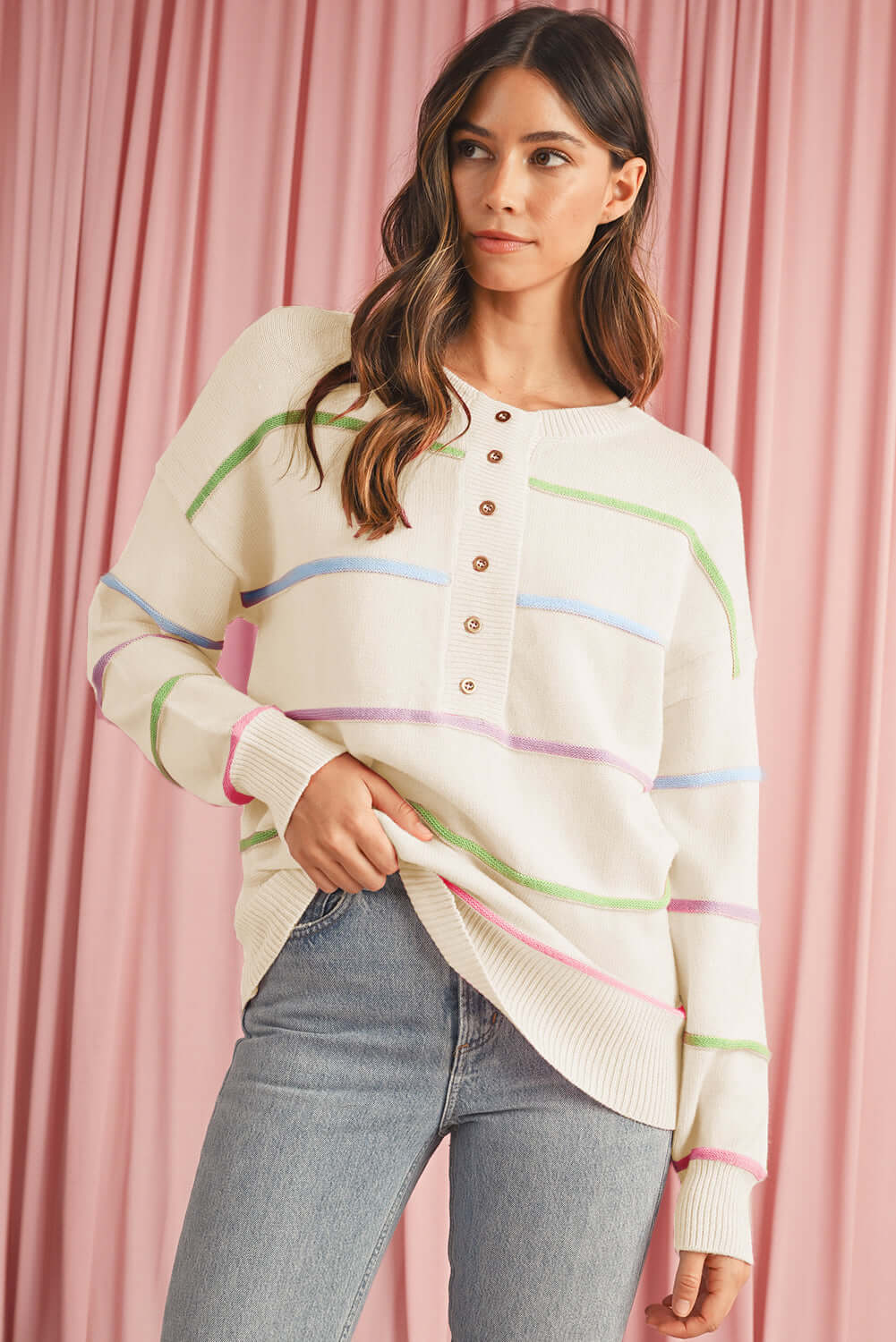 Striped Button Front Knit Jumper for Ladies. On model.