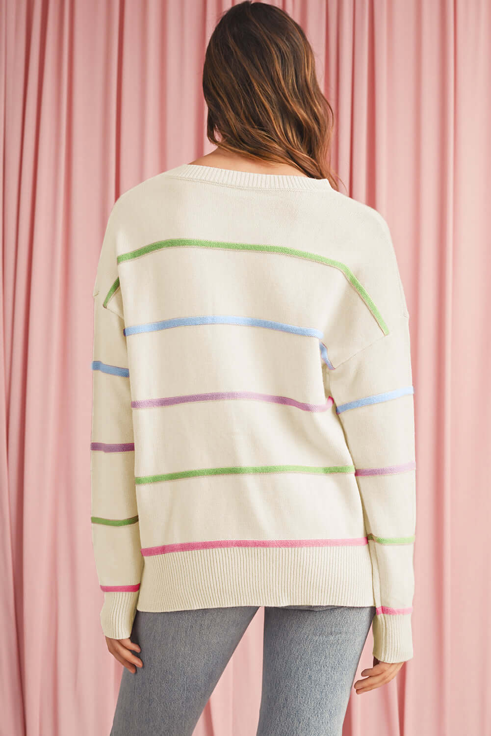 Striped Button Front Knit Jumper for Ladies. Back view.