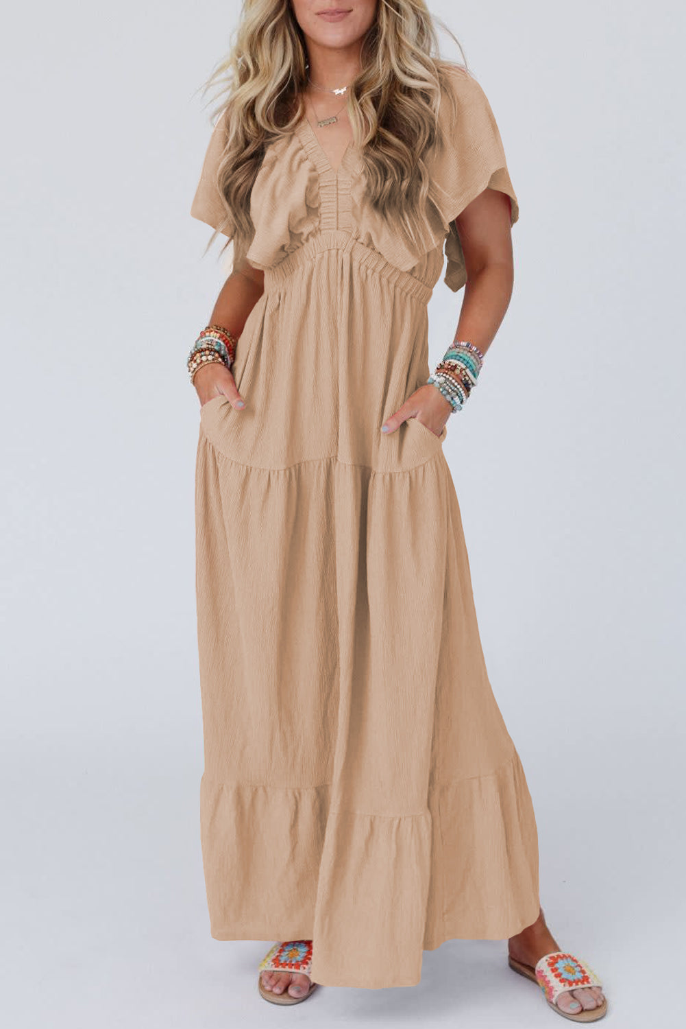 Flowy Boho Maxi Dress With Sleeves- Beige colour. Front view.