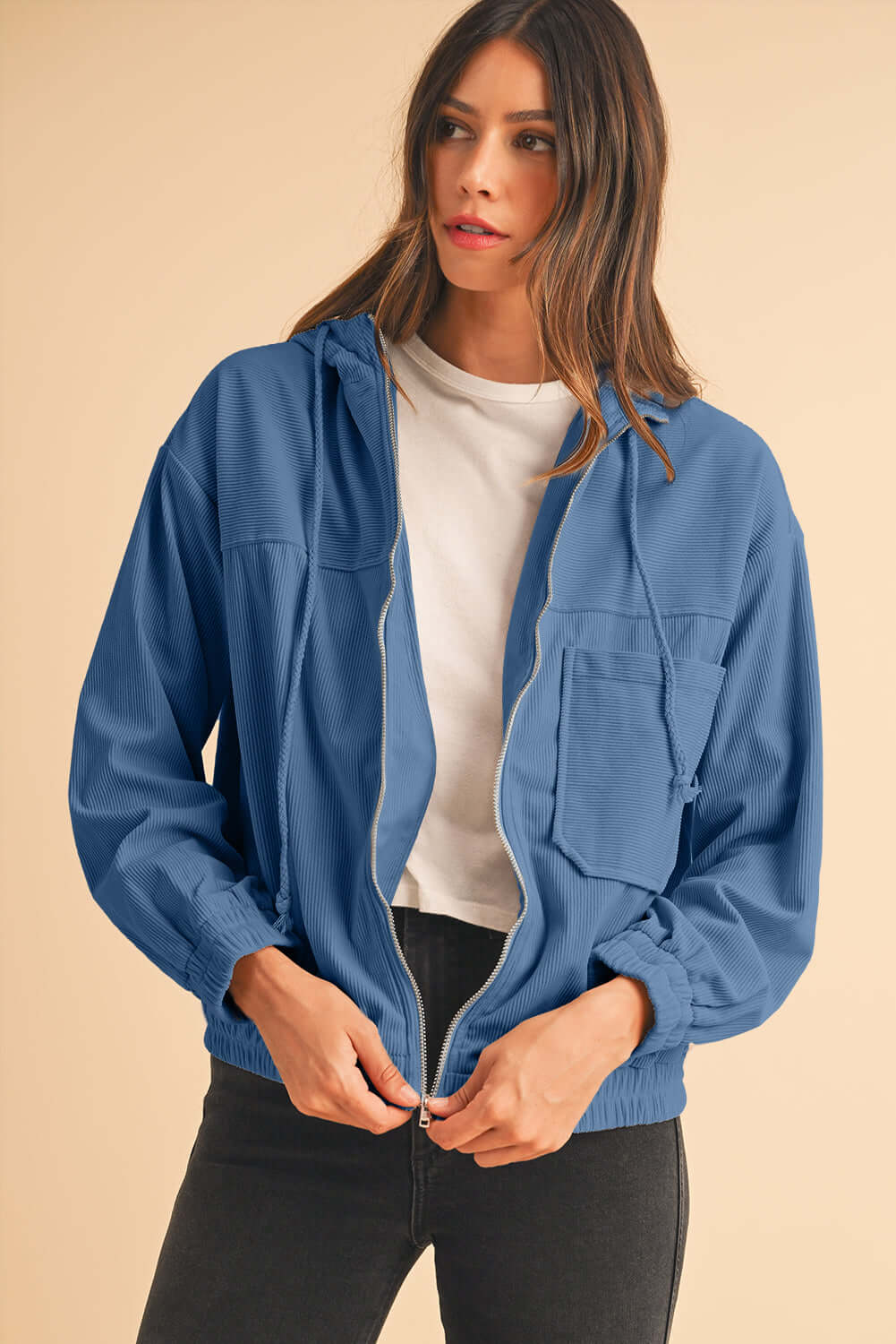 Front view of Women's Aussie Chill Blue Hoodie – cozy corduroy with zip-up front and drawstring hood.