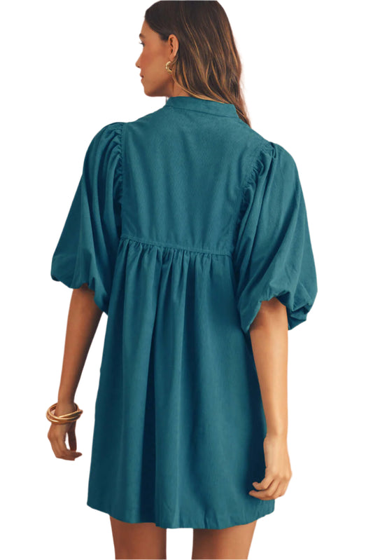 The back view of Blue Babydoll Dress Short Sleeve - Catherine Martin