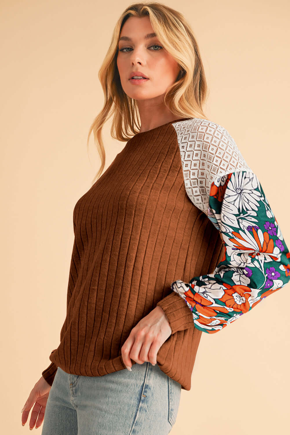 Floral Sleeve Waffle Knit Pullover - Catherine Martin