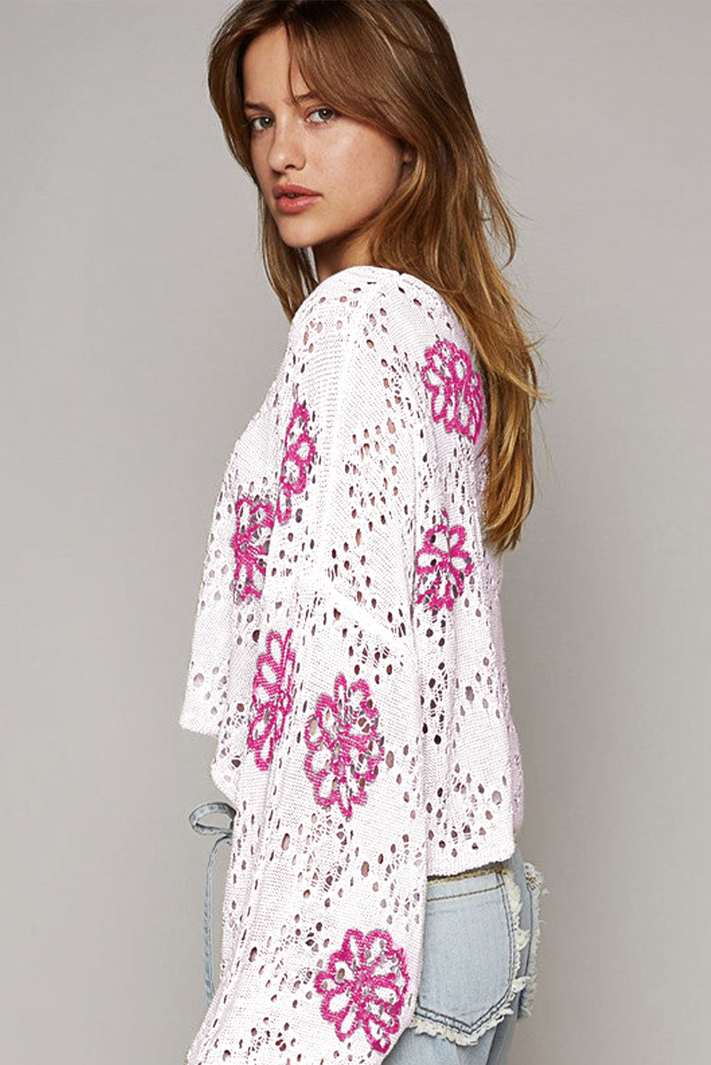 Beige Flower Print Hollow Knit Sweater  - Catherine Martin