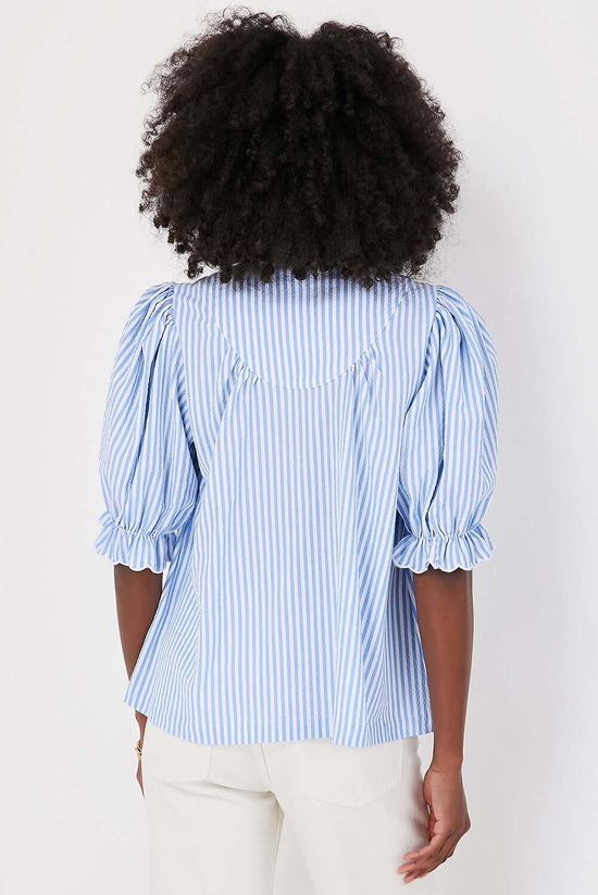 Women's Blue Striped Ruffle Top. Back view.