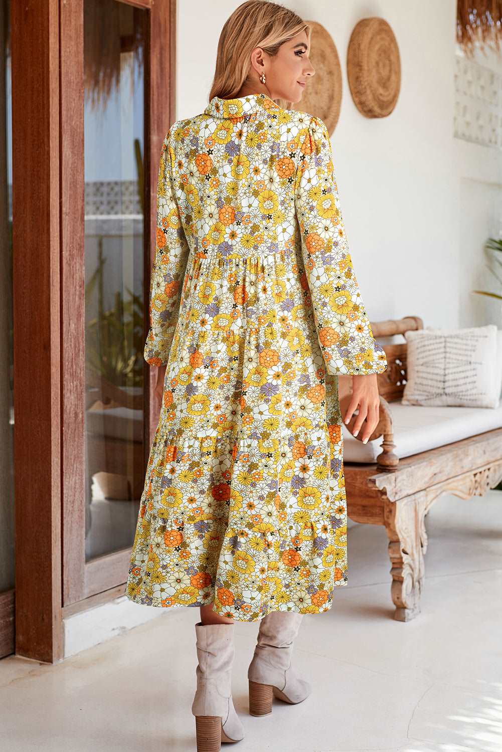 Multicolor Boho Floral Collared Long Sleeve Dress - Catherine Martin