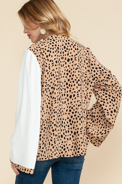 Back view of khaki leopard print blouse with flared long sleeves on a model from Catherine Martin store, Australia.