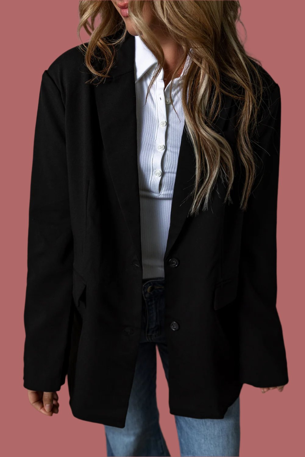 Black Lapel Flap Pocket Buttoned Blazer - Catherine Martin