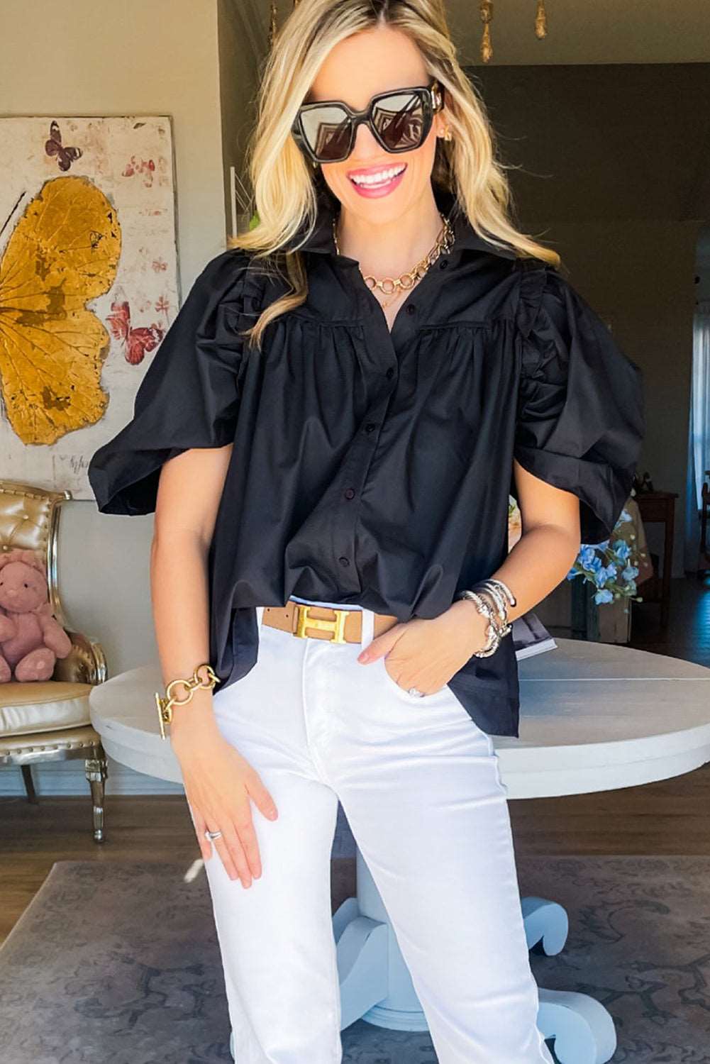 Black Ruched Puff Sleeve Blouse - Catherine Martin