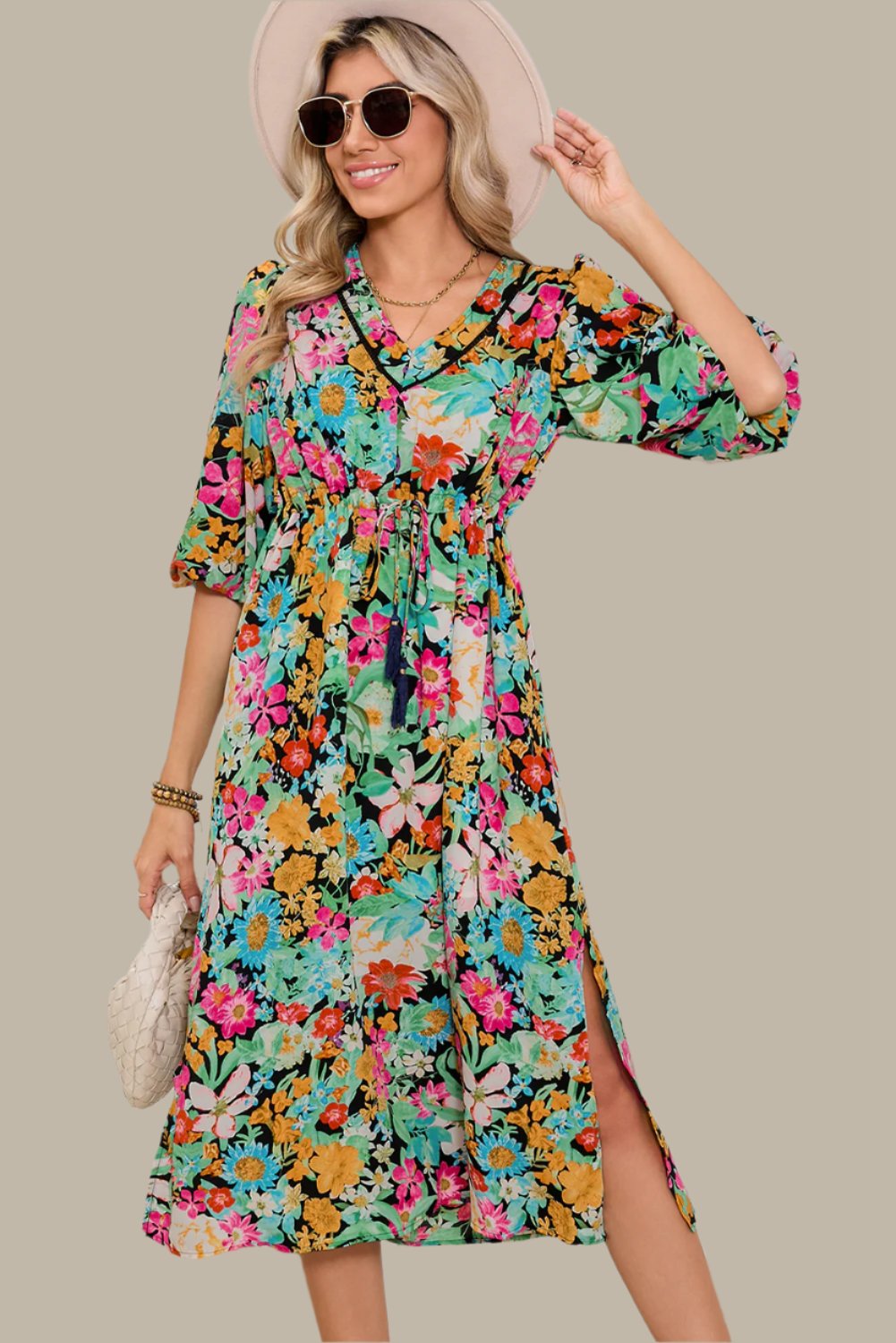 Green Floral Midi Dress Puff Sleeves - Catherine Martin