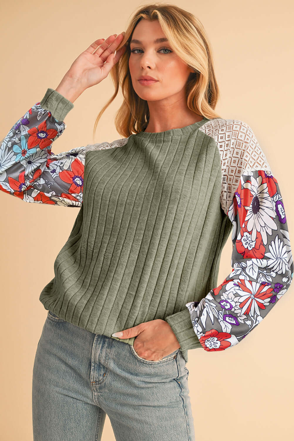 Floral Sleeve Waffle Knit Pullover - Catherine Martin