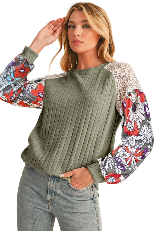 Floral Sleeve Waffle Knit Pullover - Catherine Martin