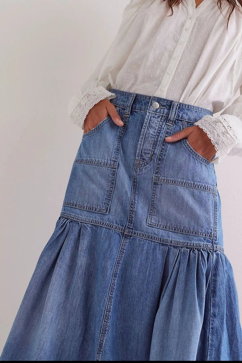 Tiered Pleated Denim Midi Skirt