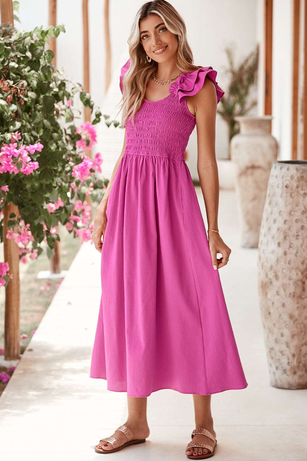 long pink midi dress with ruffle sleeves