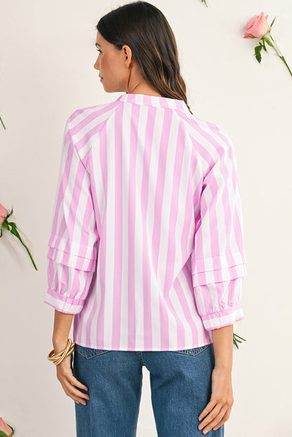 Pink and White Striped V-Neck Raglan Sleeve Blouse