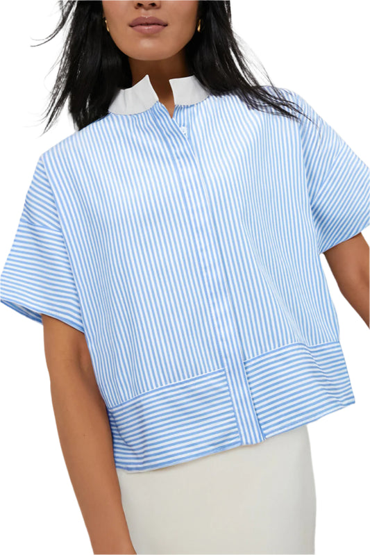Modern Striped Boxy Shirt. Front view, focus.